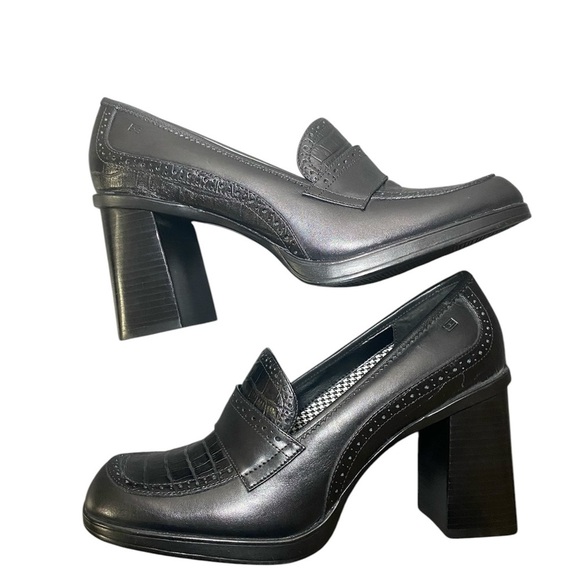 NWT Vintage Tommy Hilfiger Black Leather Chunky Heel Womens Platform Shoes   9.5 - Picture 2 of 9